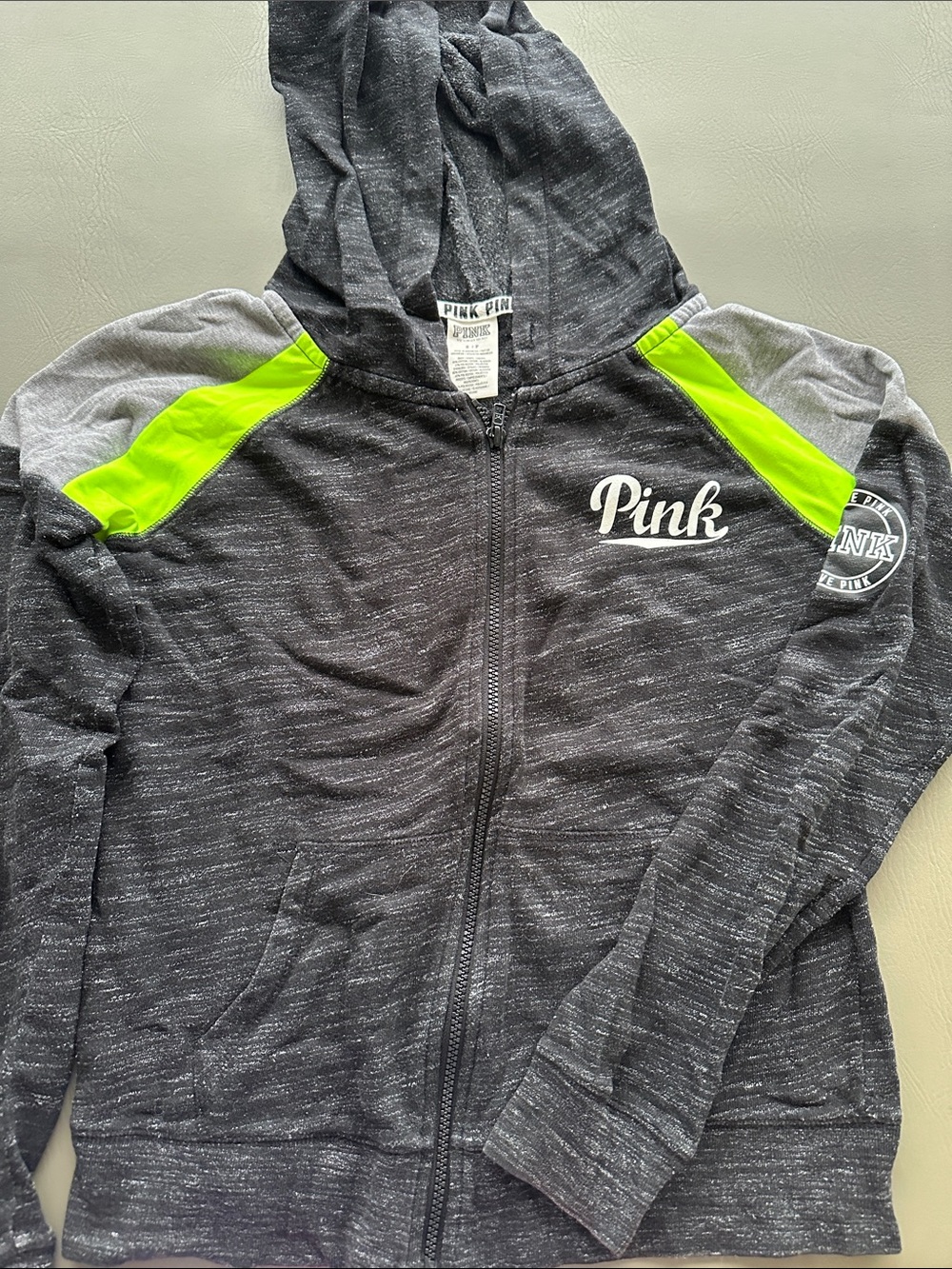 PINK Victoria's Secret Gray & Neon Green Zip Hoodie